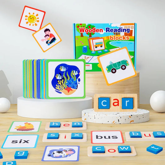 Montessori Reading Toy – Wooden Spelling Blocks & Flashcards for Early Learning (3+)