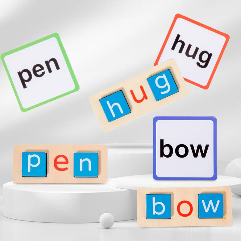 Montessori Reading Toy – Wooden Spelling Blocks & Flashcards for Early Learning (3+)