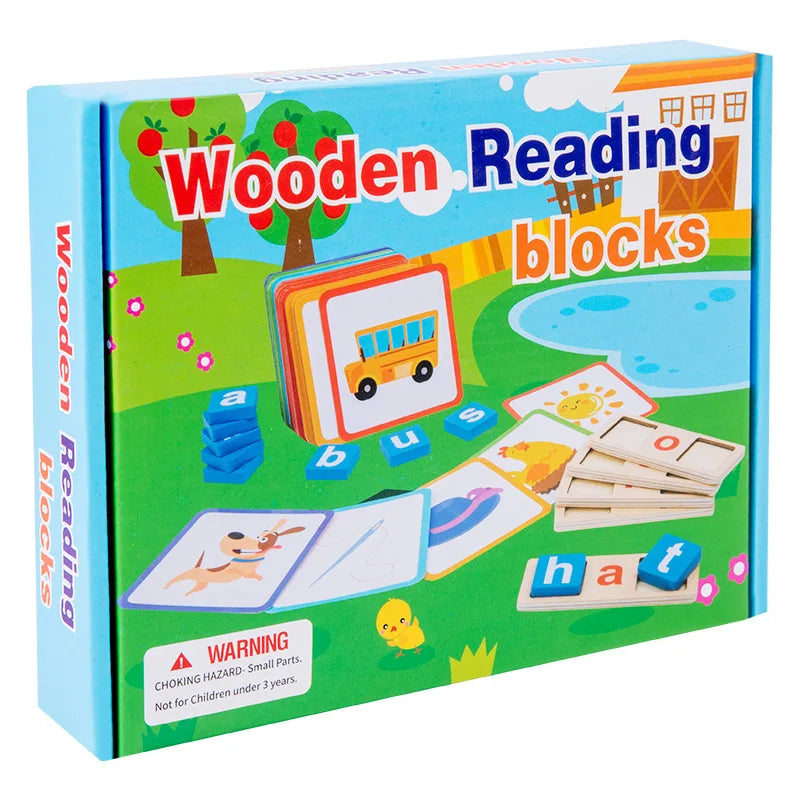 Montessori Reading Toy – Wooden Spelling Blocks & Flashcards for Early Learning (3+)