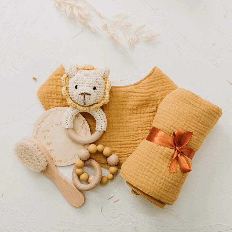 Wooden Rattle Cotton Blanket Baby Gift Set